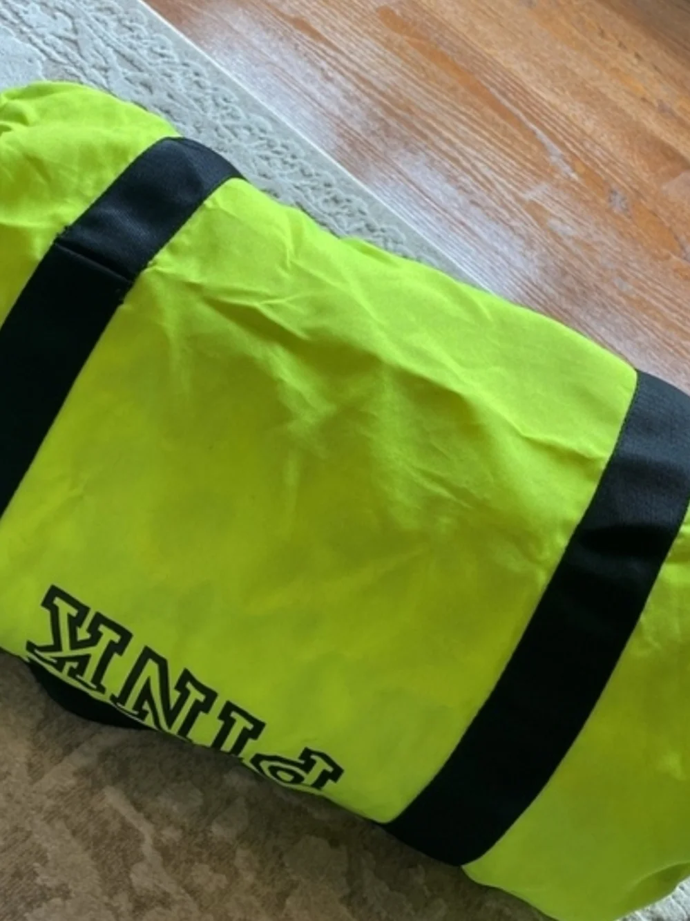 PINK Victoria's Secret Neon Yellow Duffel Bag with Black Straps - Picture 3 of 7